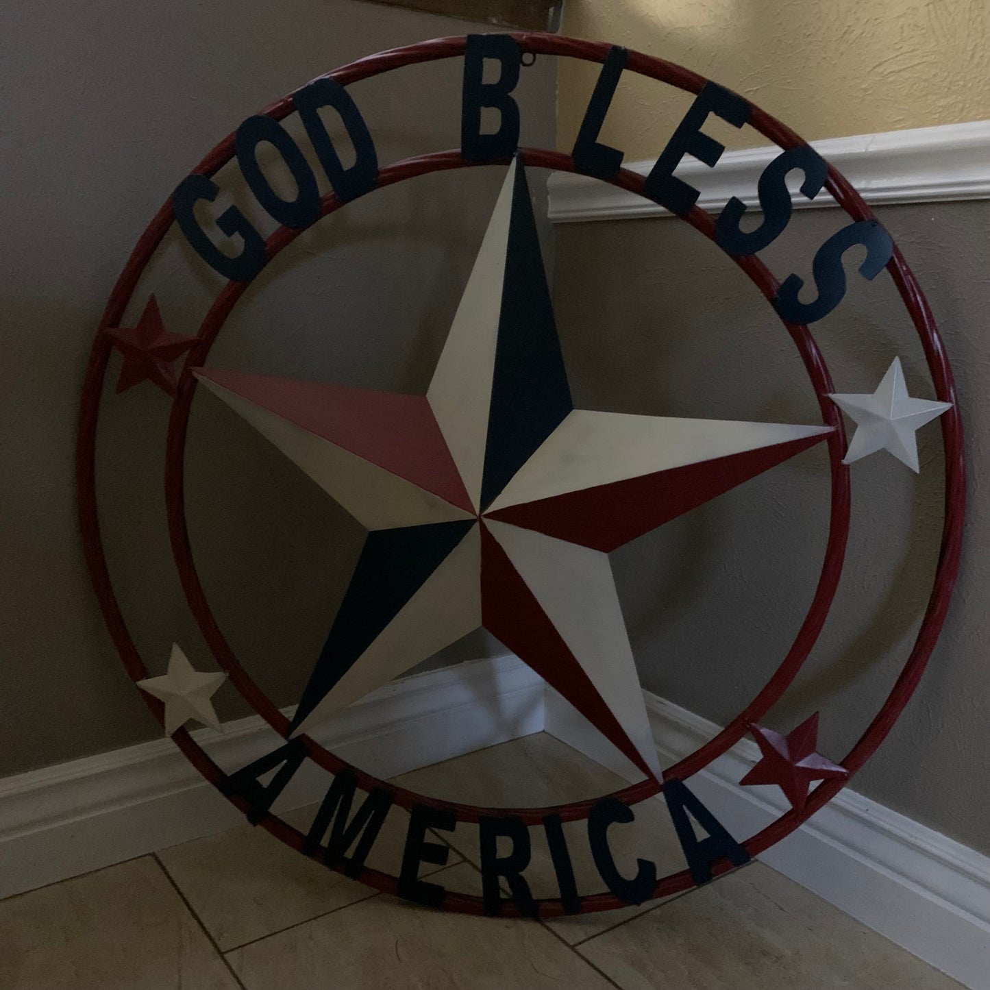 #EH10489 GOD BLESS AMERICA USA FLAG BARN STAR METAL RED WHITE BLUE WESTER HOME DECOR HANDMADE NEW