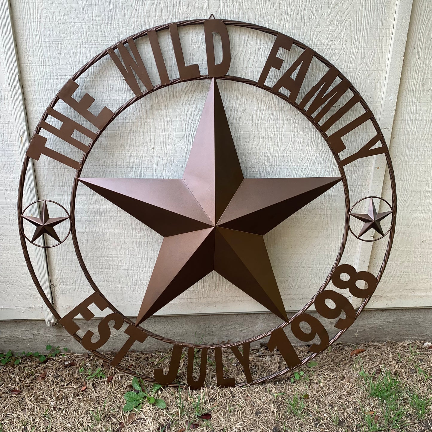 THE WILD FAMILY STYLE CUSTOM FAMILY NAME STAR METAL BARN STAR ROPE RING WESTERN HOME DECOR BRONZE HANDMADE 24",32",34",36",40",42",44",48",50"