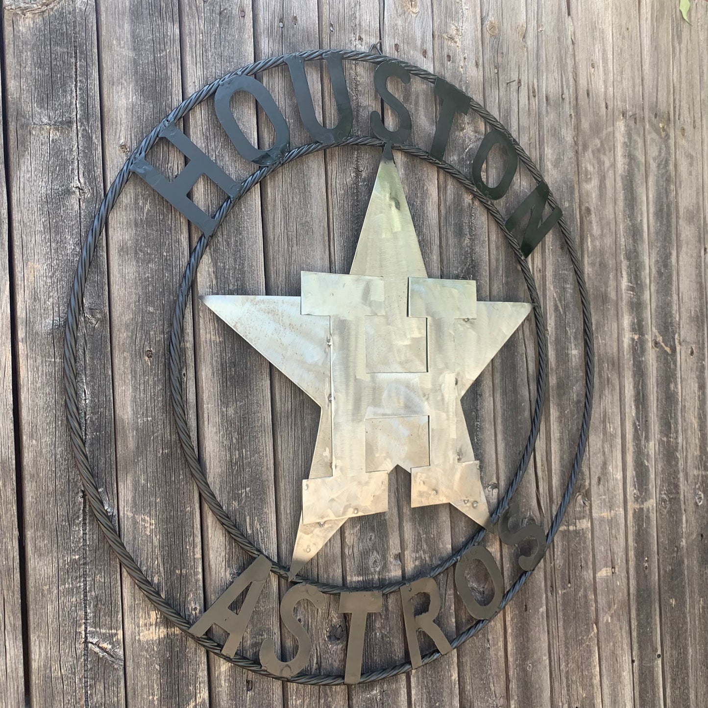 HOUSTON ASTROS CUSTOM METAL VINTAGE CRAFT SIGN TEAM SILVER RAW METAL LOGO WITH BLACK RING HANDMADE