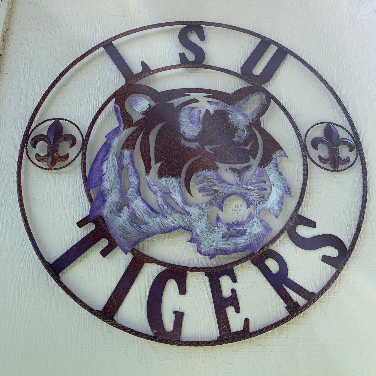 LSU TIGERS PURPLE WHITE CUSTOM METAL VINTAGE CRAFT SIGN TEAM WALL ART WESTERN HOME DECOR HANDMADE