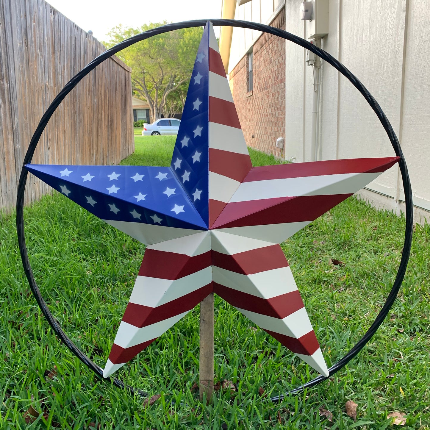 AMERICAN Flag USA Metal Barn Star RED WHITE & BLUE with Black Rope Ring Western Home Decor Handmade 12",16",24",30",34",36",40",48"