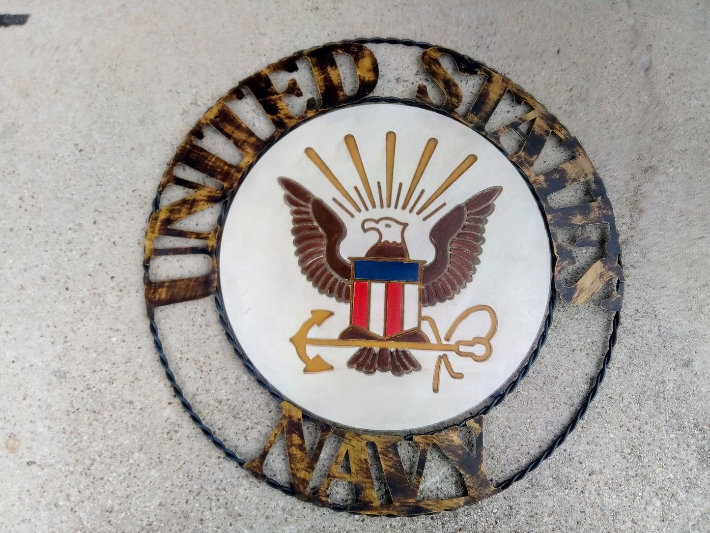 21" NAVY UNITED STATES MILITARY METAL RING, LETTERS WITH WOOD PLAQUE ART WESTERN HOME DECOR
