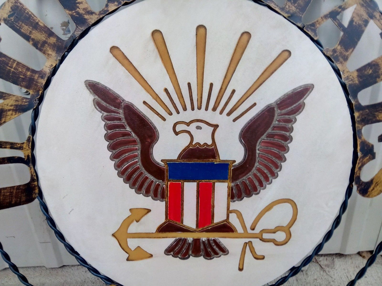 21" NAVY UNITED STATES MILITARY METAL RING, LETTERS WITH WOOD PLAQUE ART WESTERN HOME DECOR