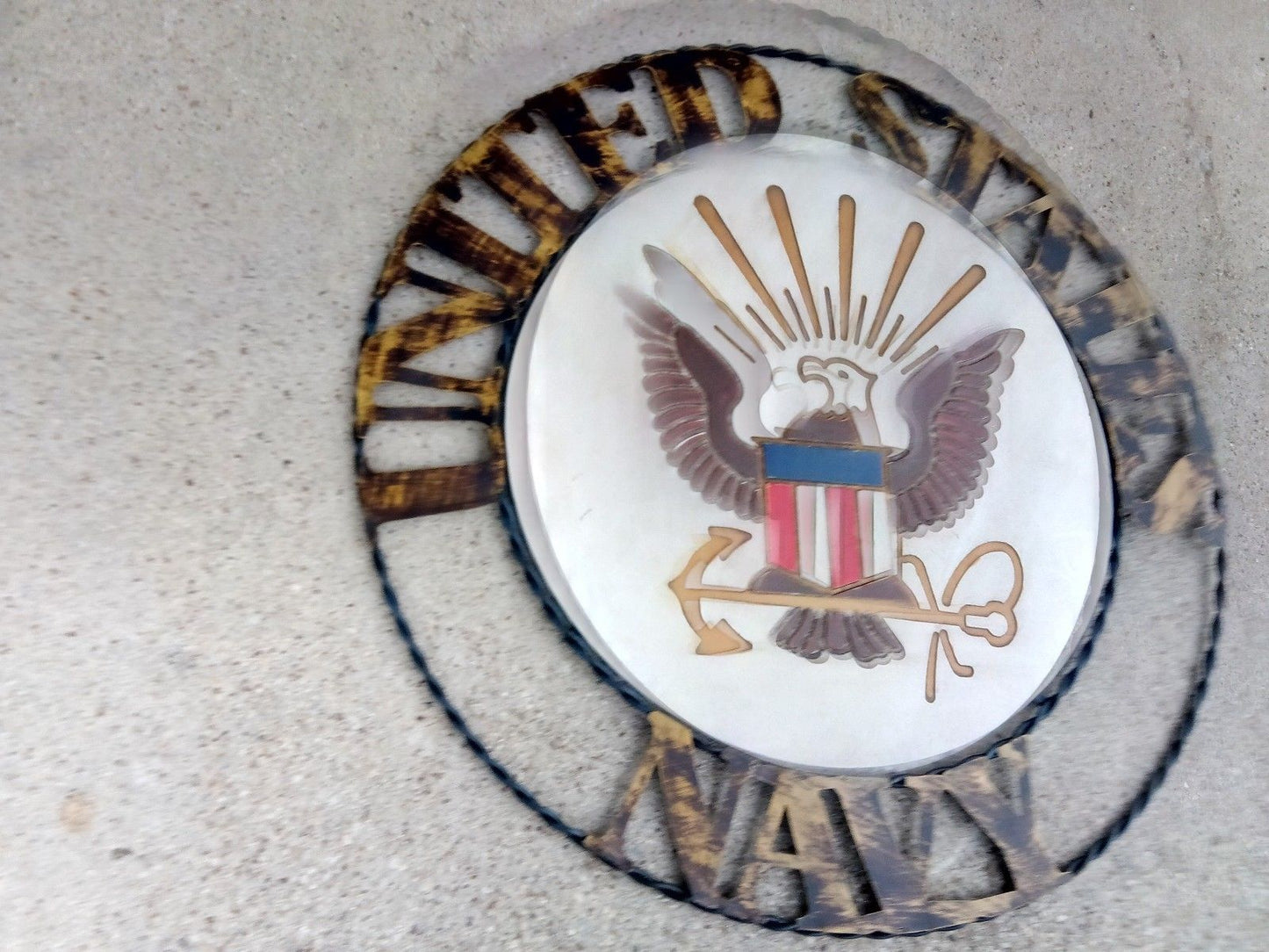 21" NAVY UNITED STATES MILITARY METAL RING, LETTERS WITH WOOD PLAQUE ART WESTERN HOME DECOR
