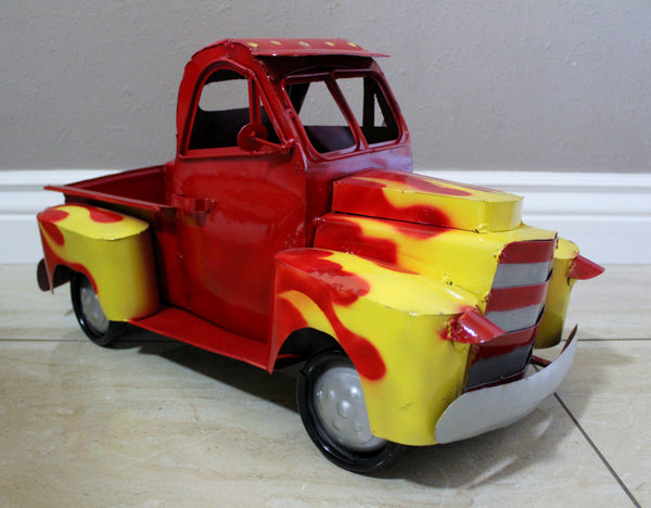 20" RED & YELLOW PICKUP TRUCK METAL ART FIGURINE OUTDOOR & INDOOR GARDEN WESTERN HOME DECOR HANDMADE NEW: 20"L X 10"W X 12" H #EH13008