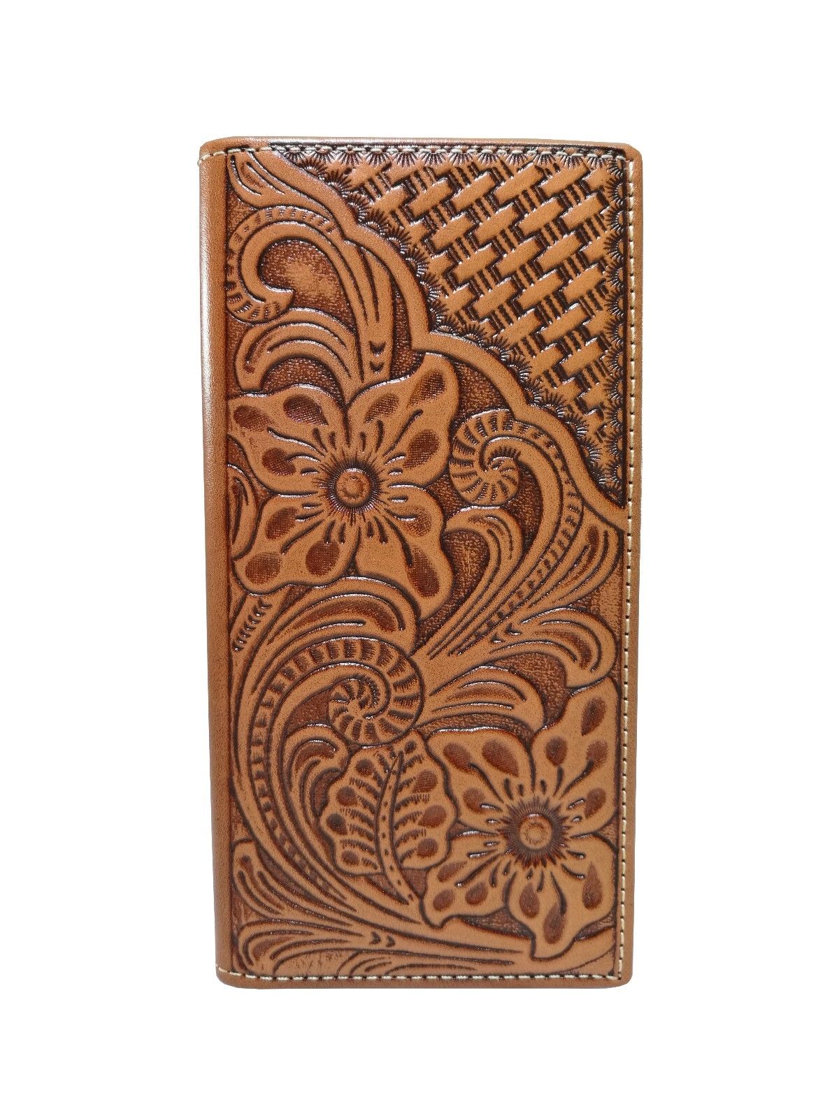 WESTERN CHECKBOOK BI FOLD WOMEN'S WALLET & MEN'S WALLET GENUINE LEATHER TAN FRONT FLORAL EMBOSSED