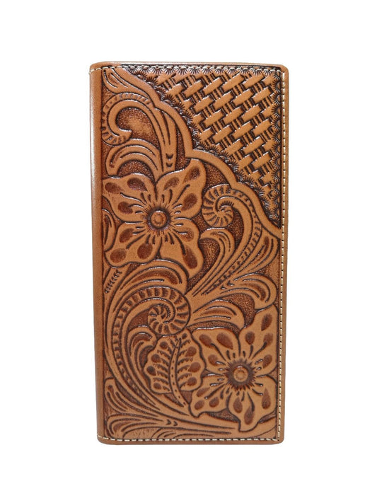 WESTERN CHECKBOOK BI FOLD WOMEN'S WALLET & MEN'S WALLET GENUINE LEATHER TAN FRONT FLORAL EMBOSSED