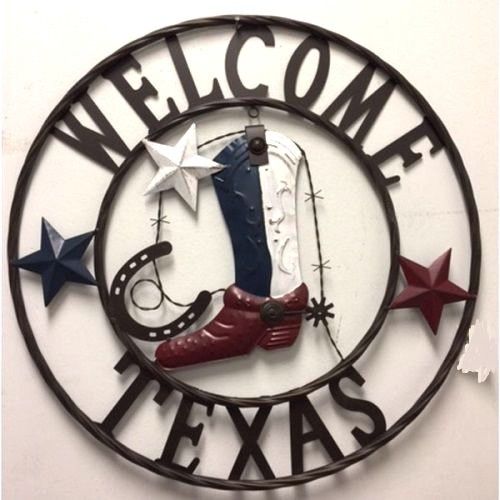 24" WELCOME TEXAS COWBOY COWGIRL BOOT METAL WALL DECOR WESTERN HOME DECOR RUSTIC RED WHITE BROWN NEW #EH12972
