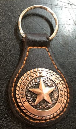 STATE OF TEXAS KEY FOB BRONZE CONCHO BROWN LEATHER KEYCHAIN WESTERN FASHION ART NEW #EH80011
