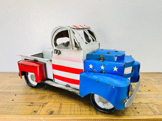 USA FLAG TRUCK 20" PICKUP PATRIOTIC TRUCK RED WHITE BLUE METAL GARDEN ART FIGURINES WESTERN HOME DECOR HANDMADE #EH12524
